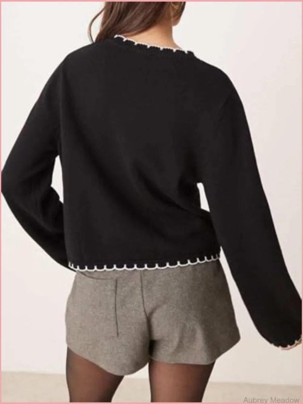 Women Long Sleeve Cardigan Button Down Knit Jacket Open Front Cropped Contrast